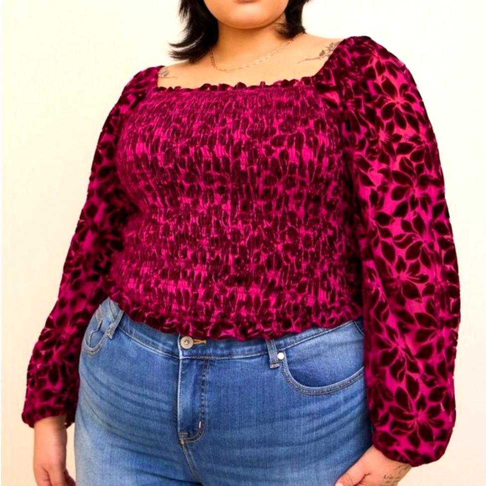 Nwt Torrid Top - Velvet Ruched - Puffy Sleeve Blouse Wine - Floral